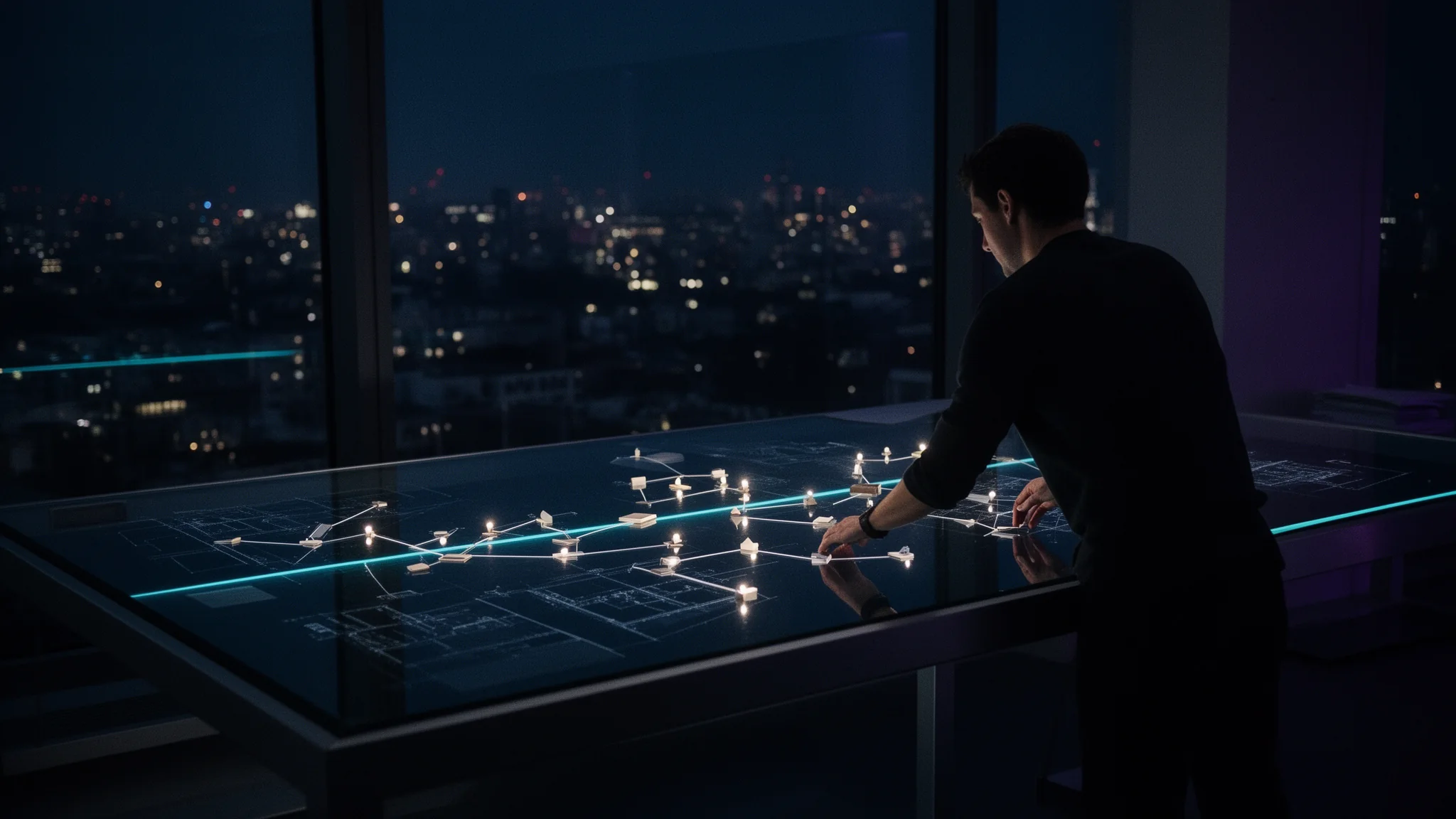 A strategist arranges illuminated markers across a dark operations table.